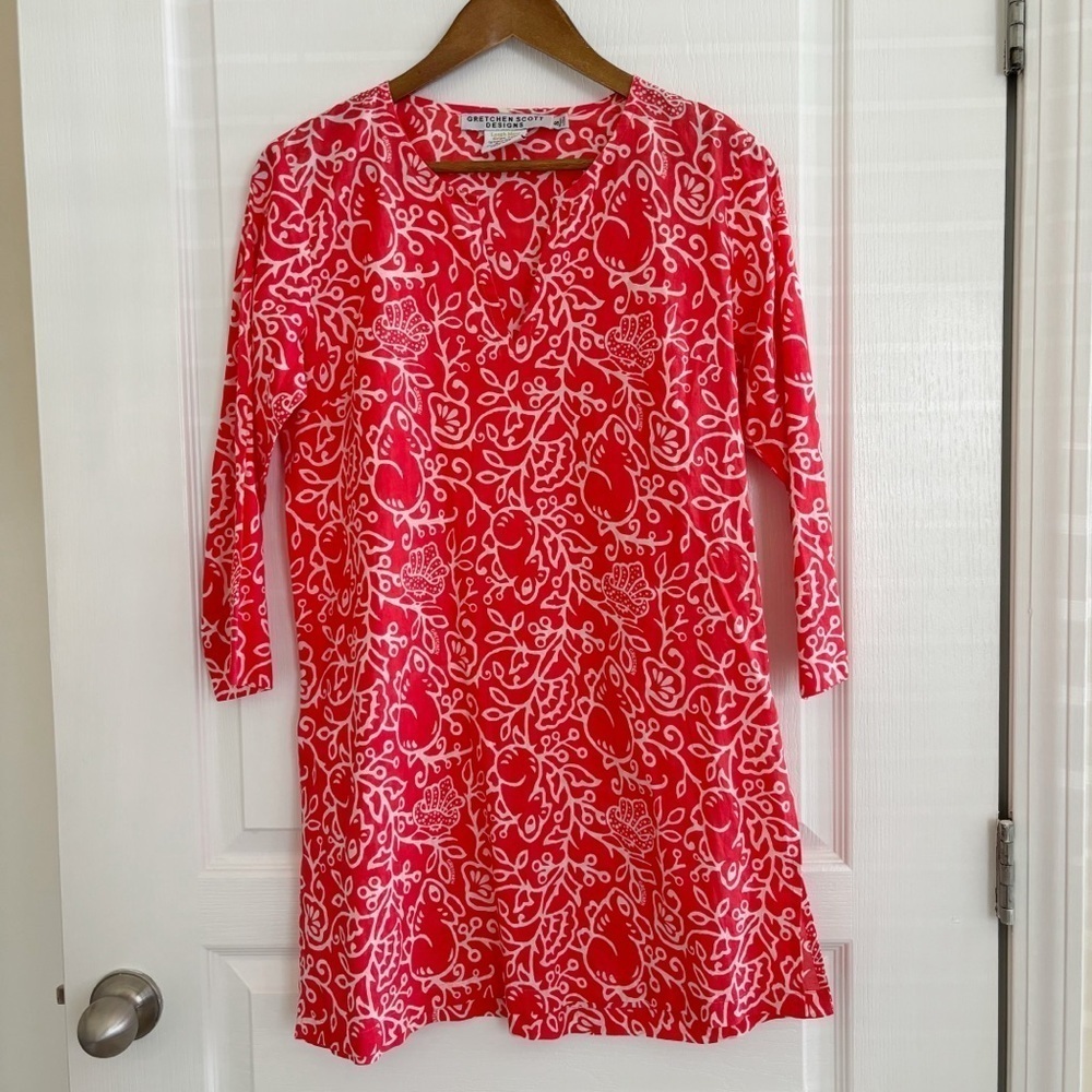 Gretchen Scott Red Floral Cotton Beach Dress Cover Up Small Resortwear
